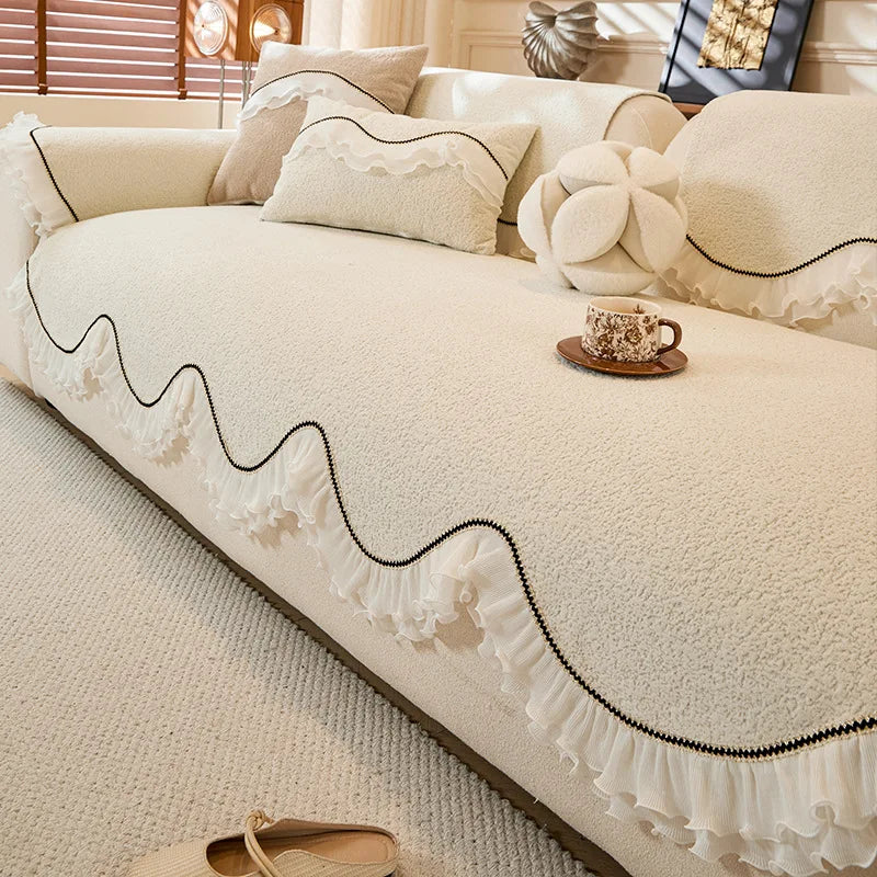 All-Season Use Elegant Pet-Friendly Sofa Cover with Ruffled Edges Non-Slip Ideal for Home, Office, and Living Room Decor
