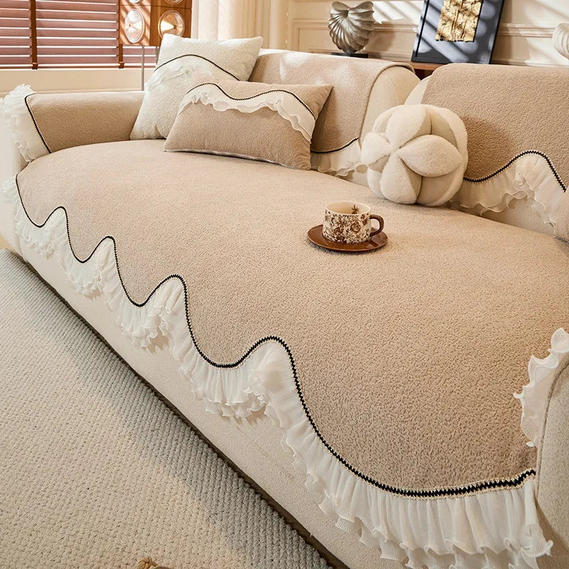 All-Season Use Elegant Pet-Friendly Sofa Cover with Ruffled Edges Non-Slip Ideal for Home, Office, and Living Room Decor